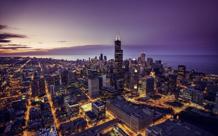 Chicago skyline aerial view at dusk, United States