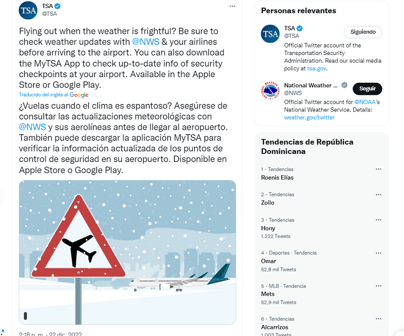 Mensaje del TSA ante los peligros que encierra la tormenta invernal Elliot