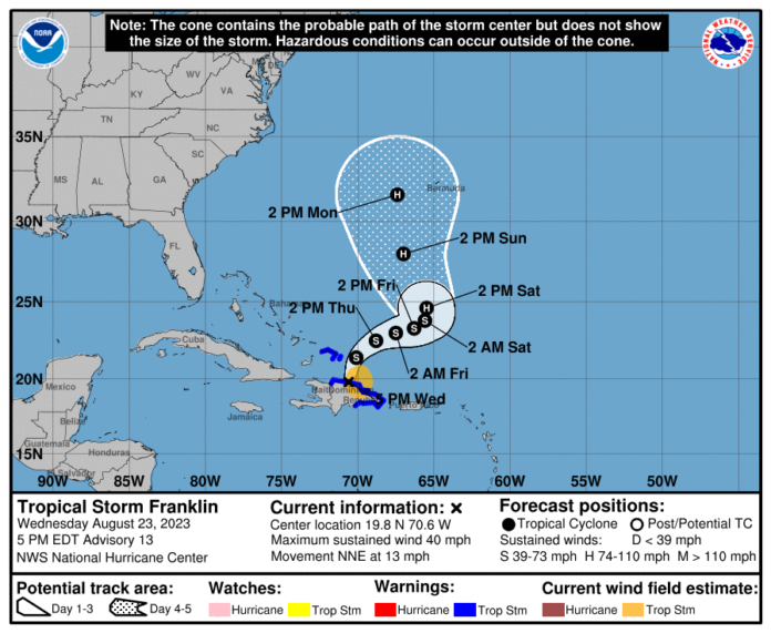 Mapa de trayectoria de la tormenta tropical Franklin del NHC miercoles 6:37 pm