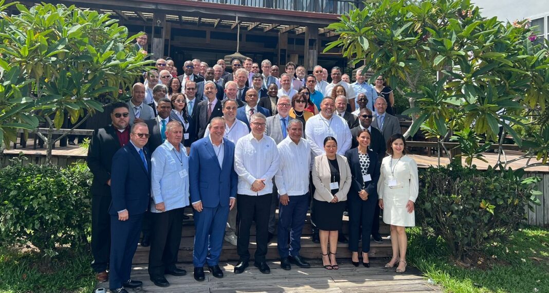 El director general del IDAC, Héctor Porcella, junto a Juan Carlos Salazar, secretario general de la OACI y los directores de aviación de Las Américas que participaron en el evento internacional.