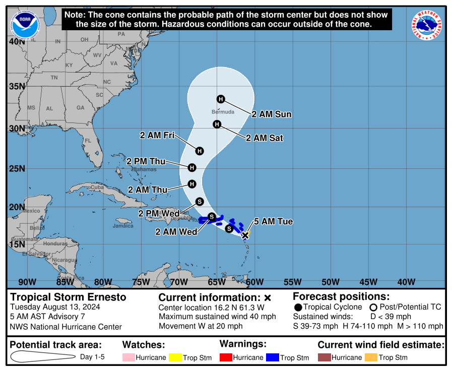 Cono de trayectoria del NHC de la tormenta al martes en la mañana