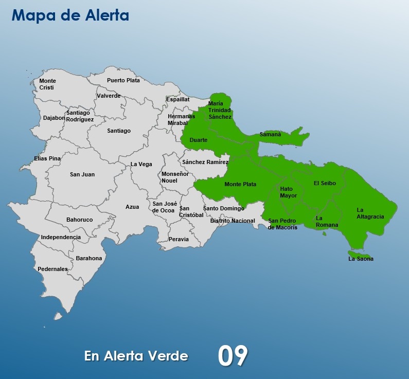 Mapa de alerta verde del COE el martes 13 por la mañana