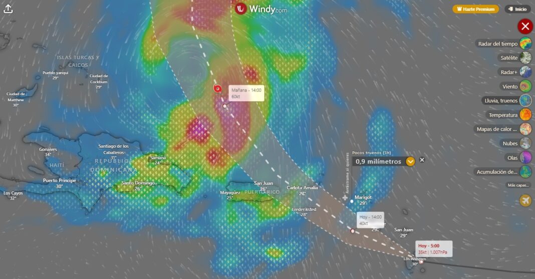 Proyección de la posición de la TT Ernesto de Windy para mañana miércoles a las 2 de la tarde mostrando su incidencia sobre República Dominicana