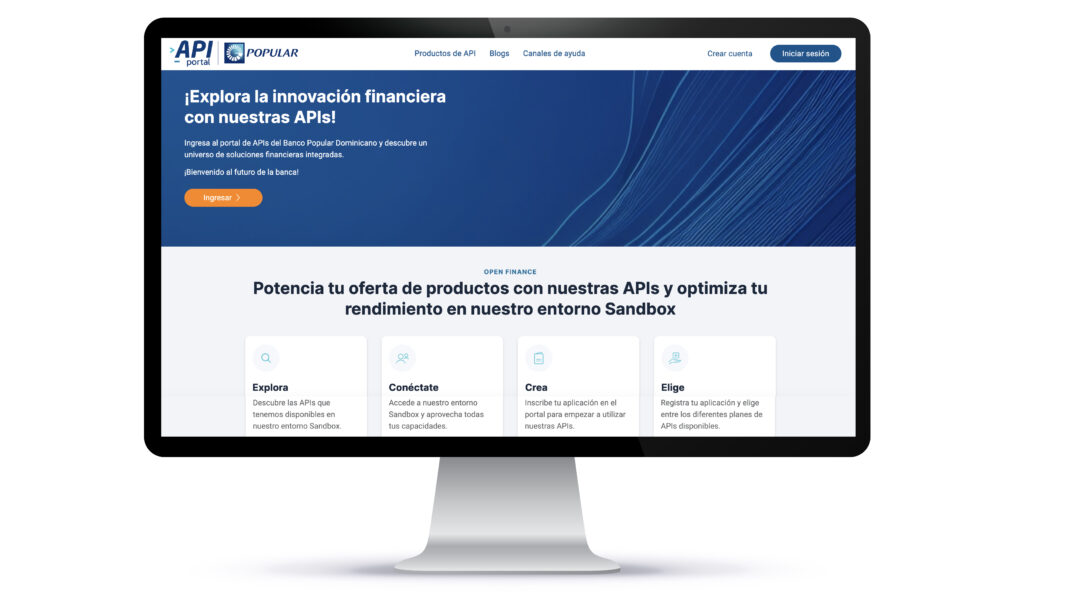 Fotomontaje del API Portal del Banco Popular Dominicano, disponible en www.apiportal.popularenlinea.com