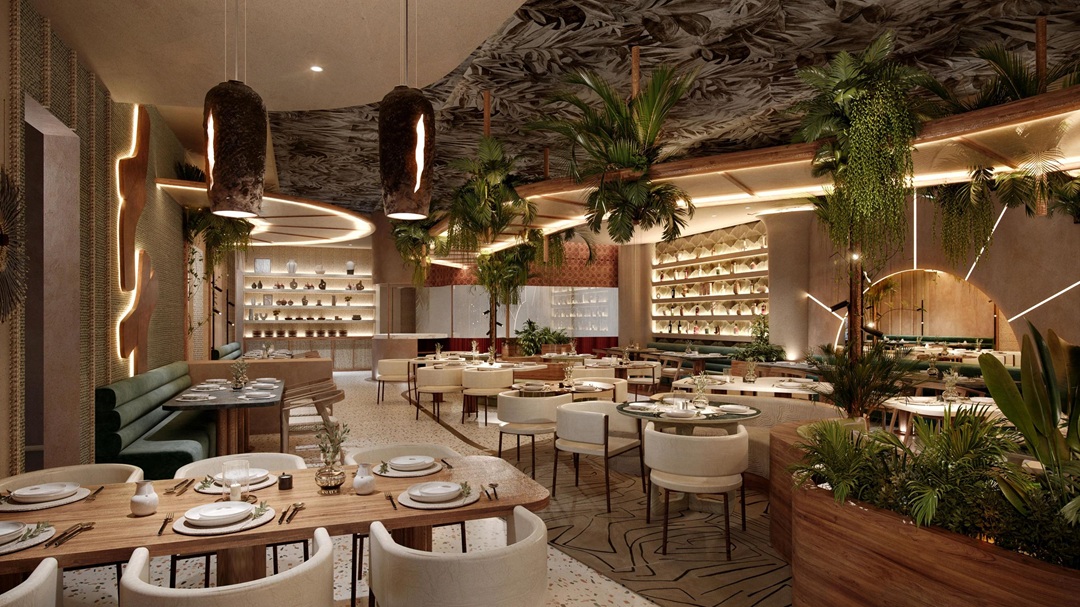 El área de restaurantes en el nuevo hotel Secrets Baby Beach Aruba , un resort solo para adultos de Hyatt.