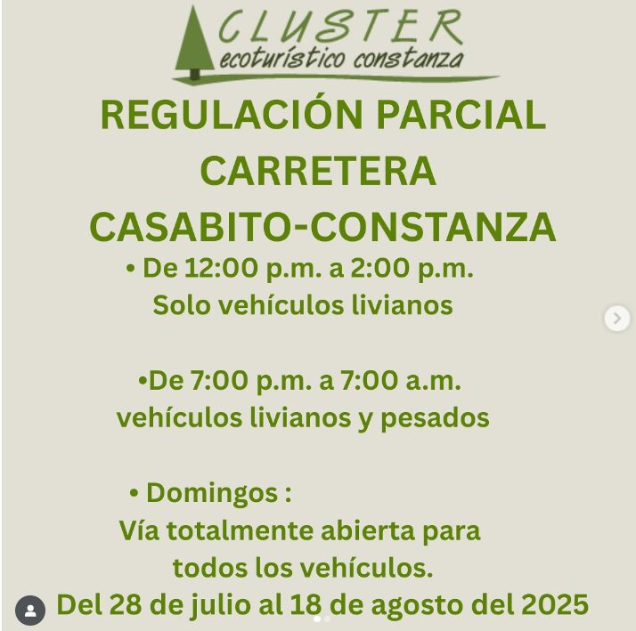 Comunicado del Clúsrer Ecoturístico de Constanza en su cuenta de IG @clusterecotruristico