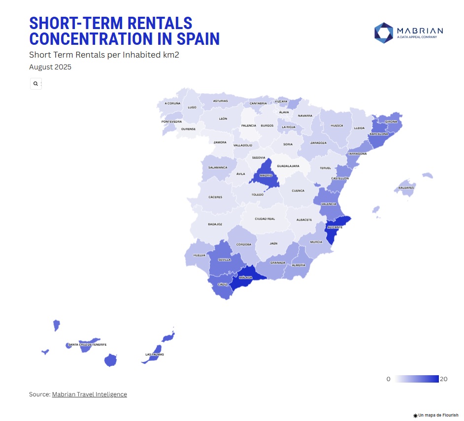 Concentración de alquileres de corta temporada en España alquileres de corta estancia por km² habitado Agosto 2025