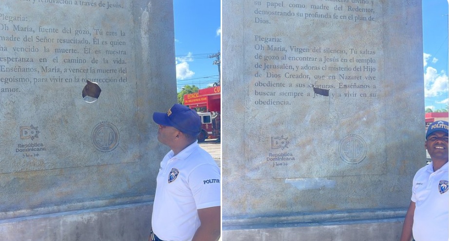 Las imágenes muestras las roturas ocasionadas por vándalos a los paneles informativos que guían la Vía Sacra en la Basílica de Higüiey. a