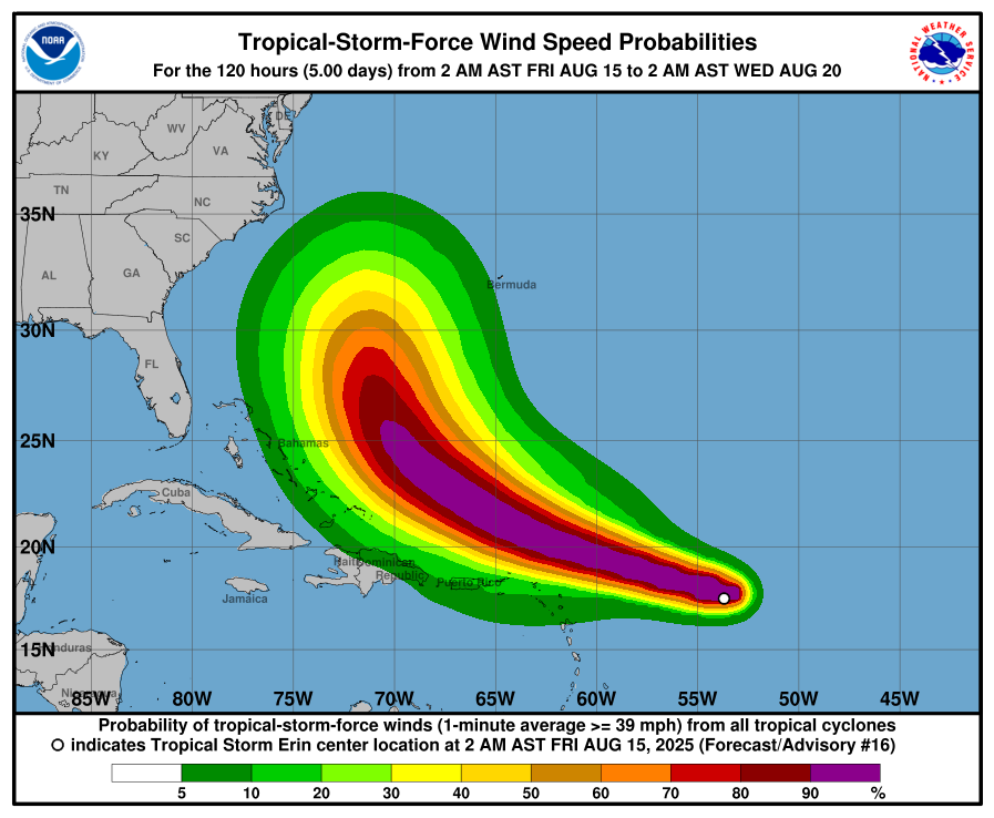 Mapa de viento de Erin. Cruceros y líneas aéreas hacen ajustes en sus rutas para evitar los embates de la tormenta tropical Erin