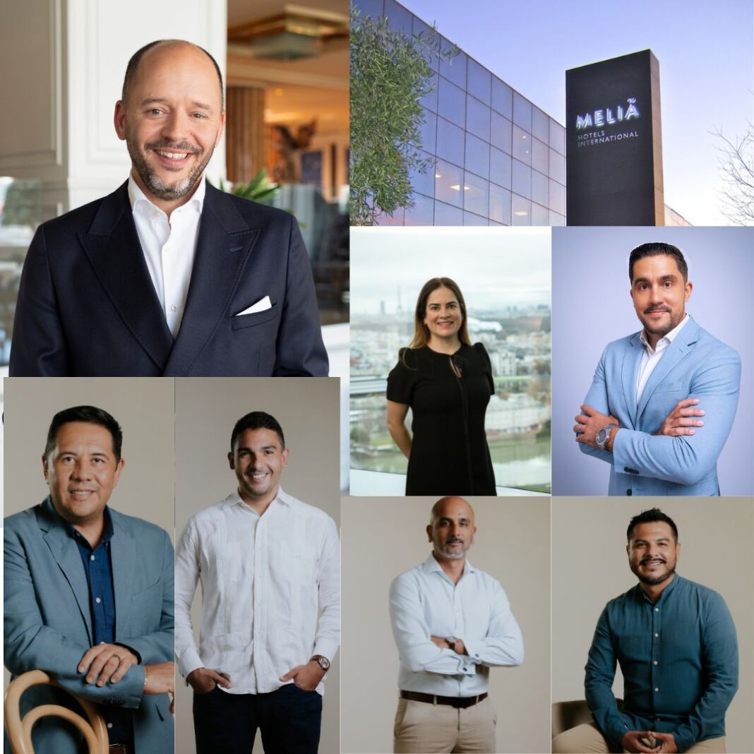 En la composición desde la izquierda superior y en dirección de las manecillas del reloj, figuran Alberto Lalinder, el edificio corporativo de Meliá, Paula Forero, Diego Díaz, Minor Espinoza, Juan Amaro, Derryl D´acosta y Miguel Díaz Urrutia.