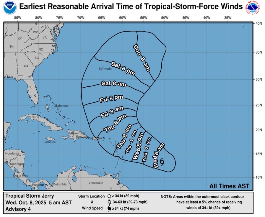 Mapa de los horarios en que llegaría al Caribe la tormenta tropical Jerry. Fuene Centro Nacional de Huracanes de EEUU.
