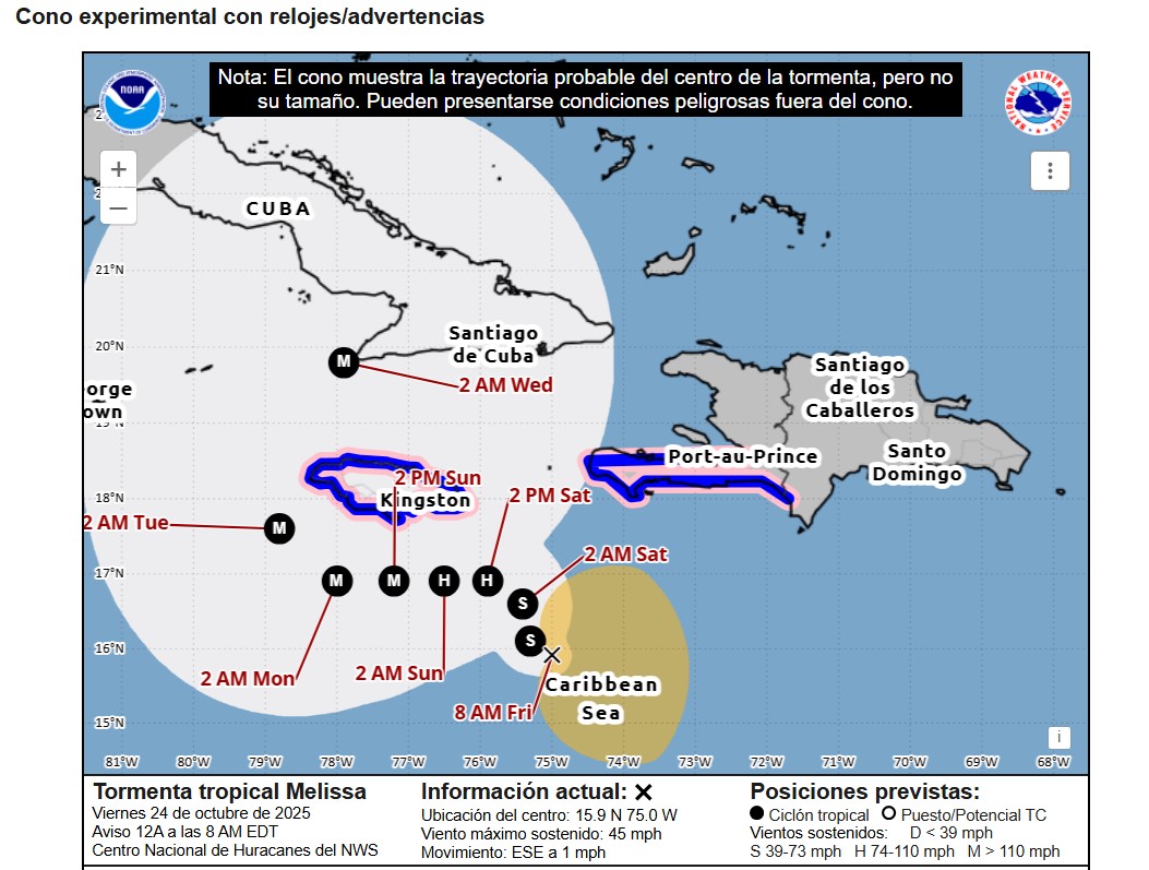 Cono experimental de trayectoria y posición de Melissa del NHC a las 8 am del viernes 24 de octubre