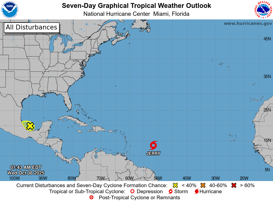 El Centro Nacional de Huracanes está emitiendo advertencias sobre la Tormenta Tropical Jerry, ubicada varios cientos de millas al este-sureste de las Islas de Sotavento del norte.