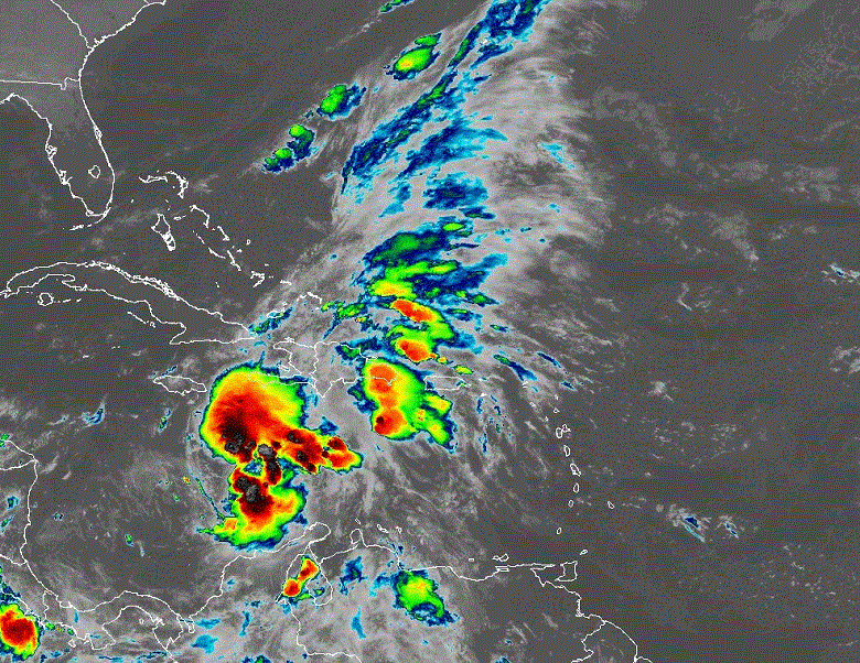 Imagen de satélite ofrecida por el Centro Nacional de Huracanes de Miami que proyecta el movimiento de la tormenta tropical Melissa entre las 4 am y las 10 am de este viernes 24 de octubre
