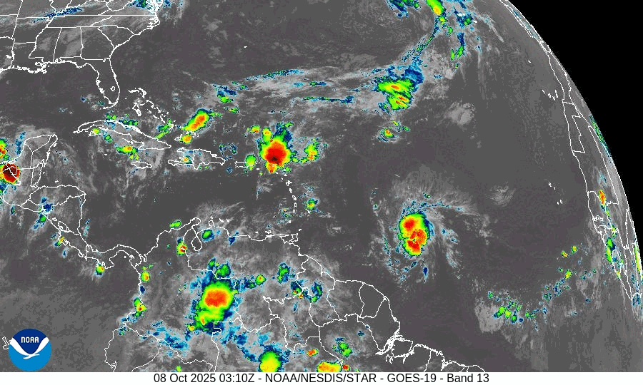 Imagen gif de satélite con una Vistas del Atlántico sobre la tormenta tropical Jerry la mañana de este miércoles 8 de octubrre.
