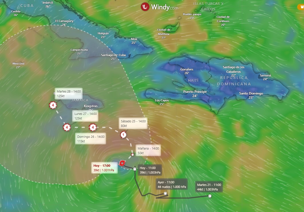 Mapa de trayectoria de la TT Melissa de Windy.com a las 6 y 41 de la tarde del jueves 23 pm