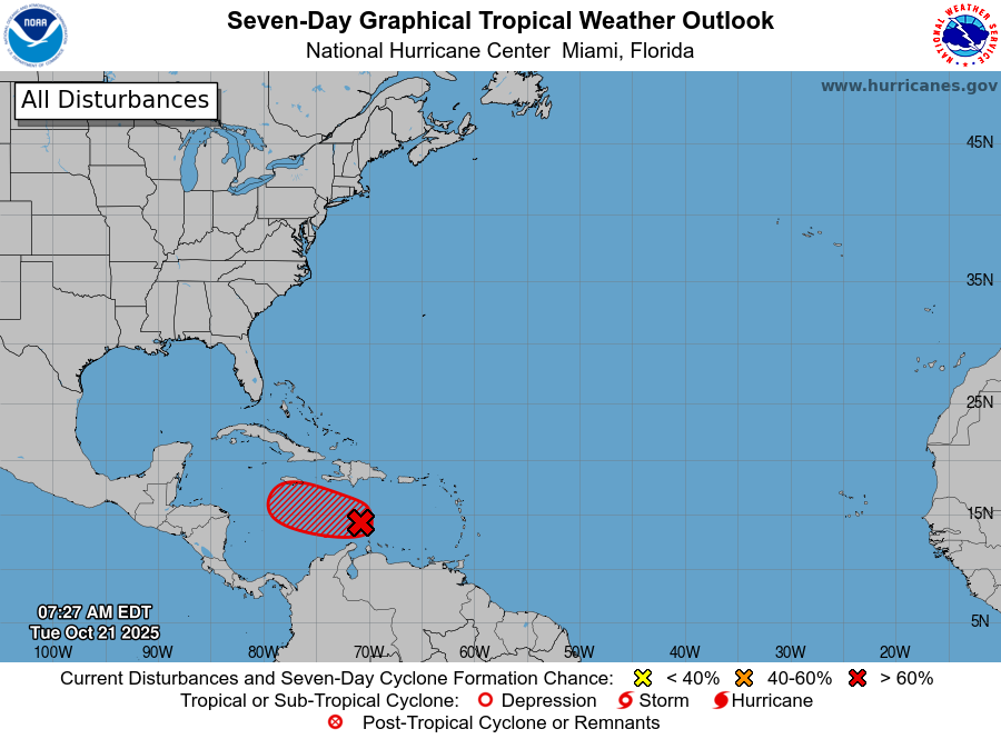 El Centro Nacional de Huracanes de Miami dijo esta mañana que Las observaciones satelitales, de radar y de superficie indican que el área de baja presión sobre el Mar Caribe central parece estar desarrollando un centro bien definido y ya está produciendo vientos de hasta 45 mph.de baja presión sobre el Mar Caribe central parece estar desarrollando un centro bien definido y ya está produciendo vientos de hasta 45 mph.
