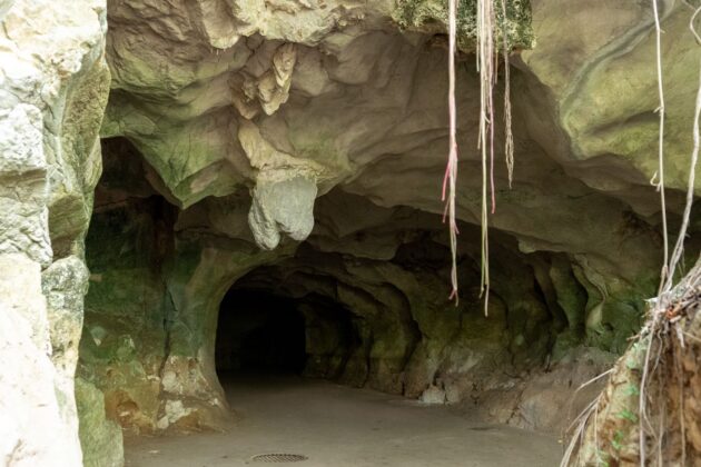 Imagen de la entrada de unas de las cavernas del circuito precolombino Cuevas del Pomier en San Crist&oacute;bal