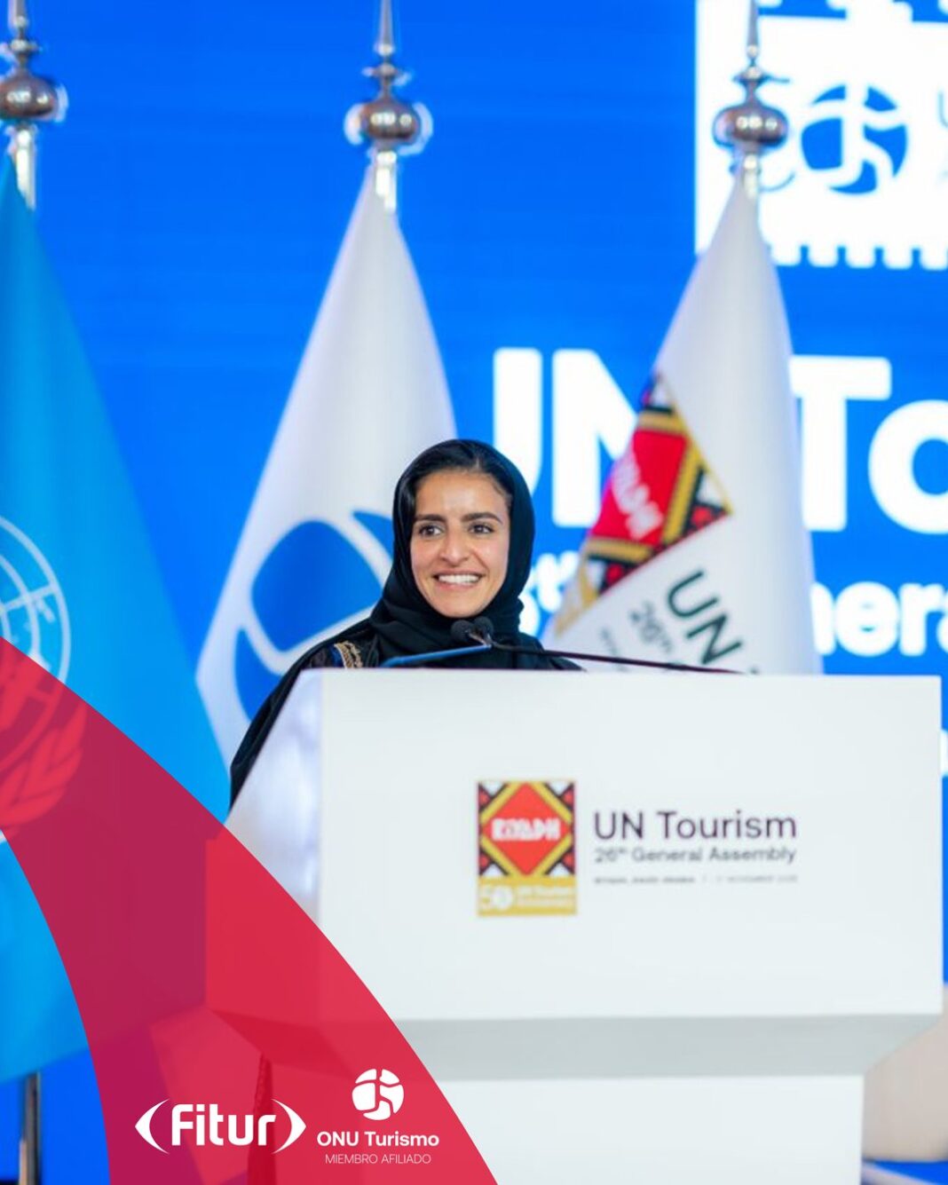 Shaikha Al Nowais, nueva secretaria general de ONU Turismo, durante la Asamblea General de la organización. Fuente Fitur ONU Turismo