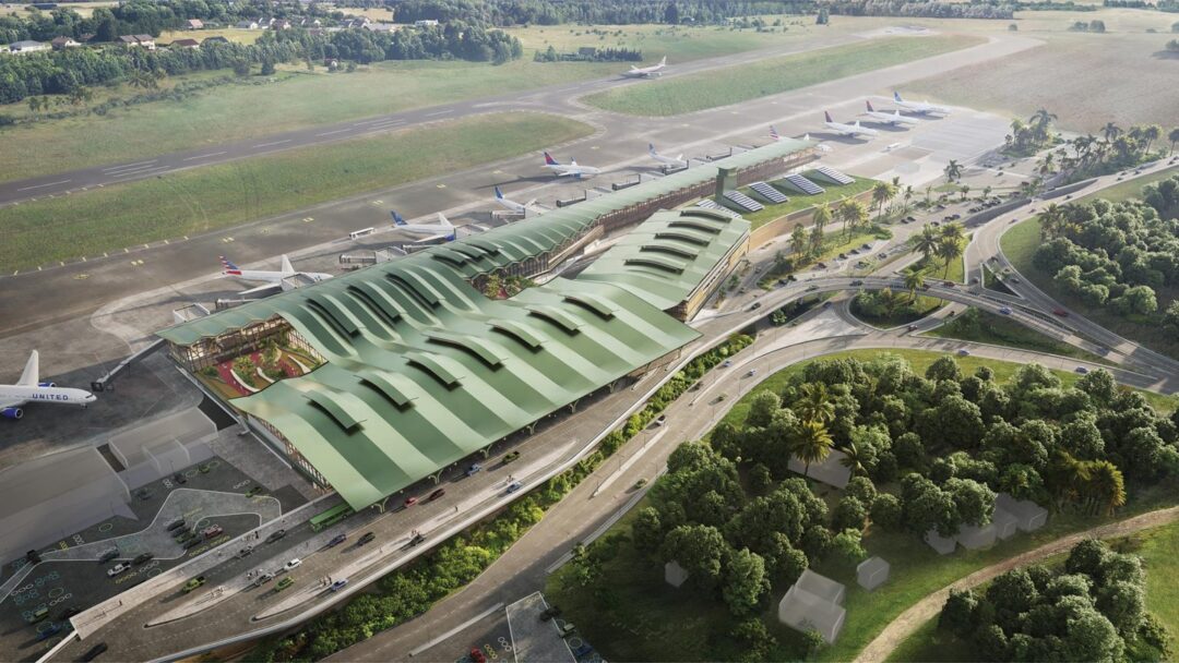 El diseño de la nueva terminal del Aeropuerto Internacional del Cibao se destaca por su cubierta de glulam, que es sostenible y de bajo impacto ambiental, y emula los campos de cultivo del Cibao, con un paisaje continuo entre el interior y el exterior.