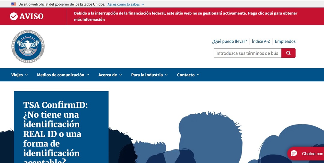En el portal de la TSA se lee en rojo en la parte superior un aviso que dice que por falta de financiamiento