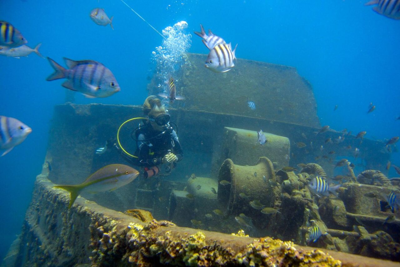 Un turista bucea en un barco hundido en Bayahíbe. Este destino ofrece los naufragios de los barcos Atlantic Princess, St. George y Coca Wreck. Foto ScubaCaribe