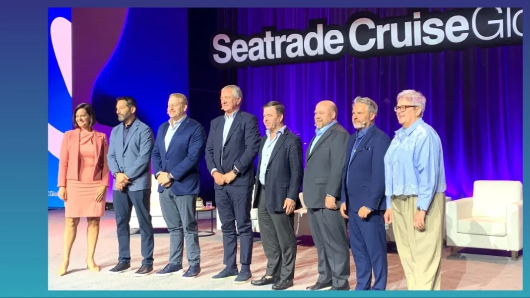 De izquierda a derecha, Contessa Brewer de CNBC, la moderadora, junto a Josh Weinstein, Jason Liberty, Pierfrancesco Vago, John Chidsey, Bud Darr, Andrew Williams de Informa y Mary Bond de Seatrade. Foto de Anne Kalosh 