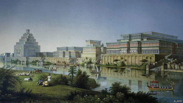 Una reconstrucción de los palacios construidos por el rey asirio Asurbanipal por Austen Henry Layard.