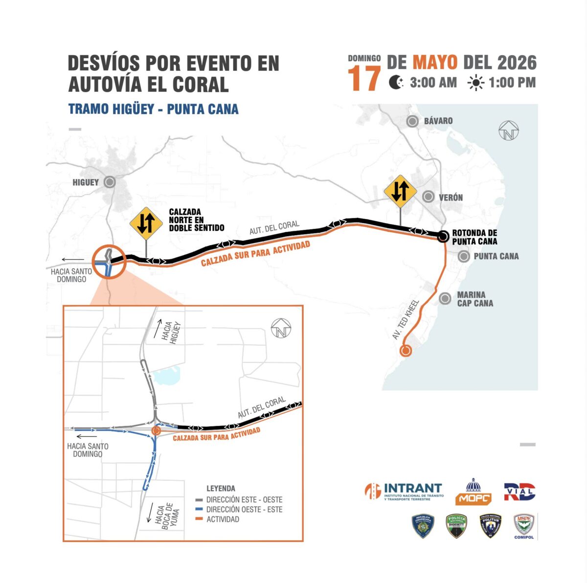 Mapa de cierre de vías en Cap Cana este domingo para la realizacion del Ironman 70.3 2026