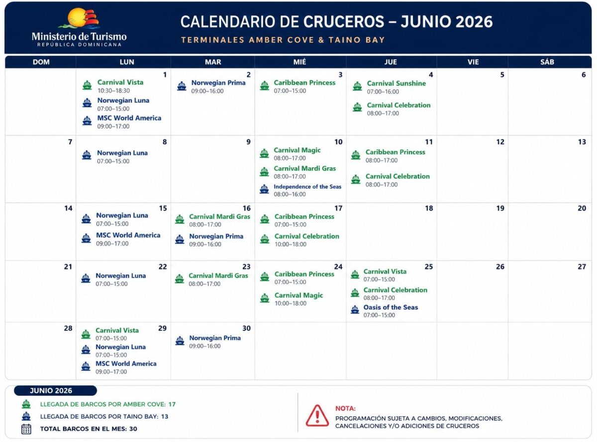 Calendario de toque de cruceros junio 2026 en Puerto Plata