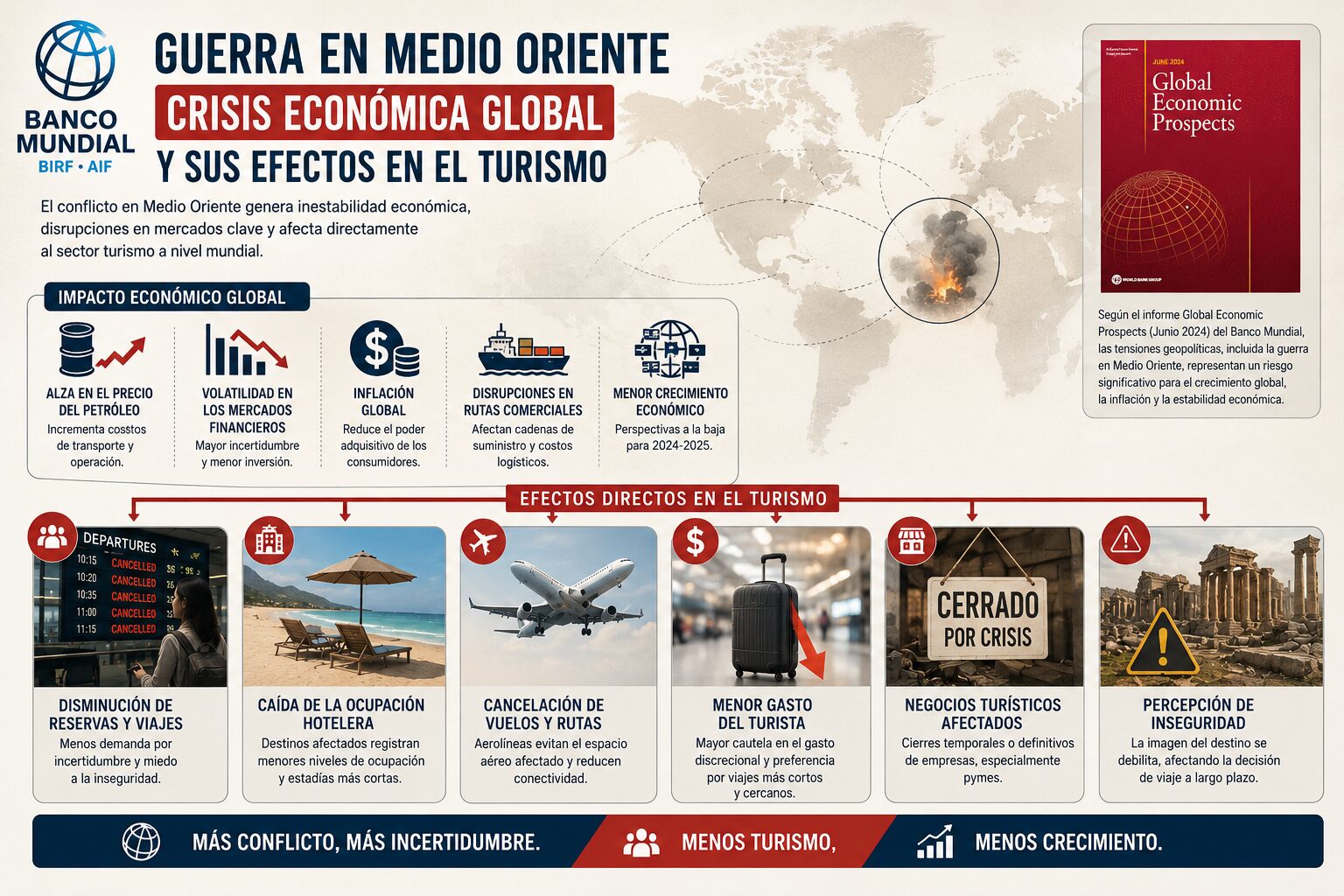 El conflicto en Oriente Medio podría desacelerar el crecimiento mundial a la tasa más baja desde el inicio de la pandemia de COVID-19 en medio de un alza de los precios de la energía, una inflación más pronunciada y un aumento de los costos de los préstamos, según la última edición del informe Perspectivas económicas mundiales del Grupo Banco Mundial.