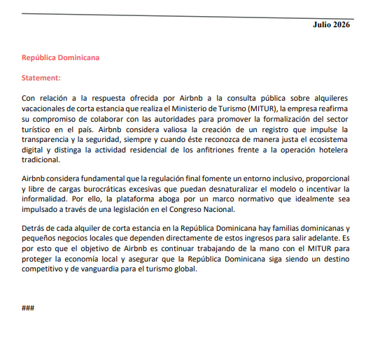 Posición oficial de Airbnb sobre la regulación de las rentas cortas en República Dominicana