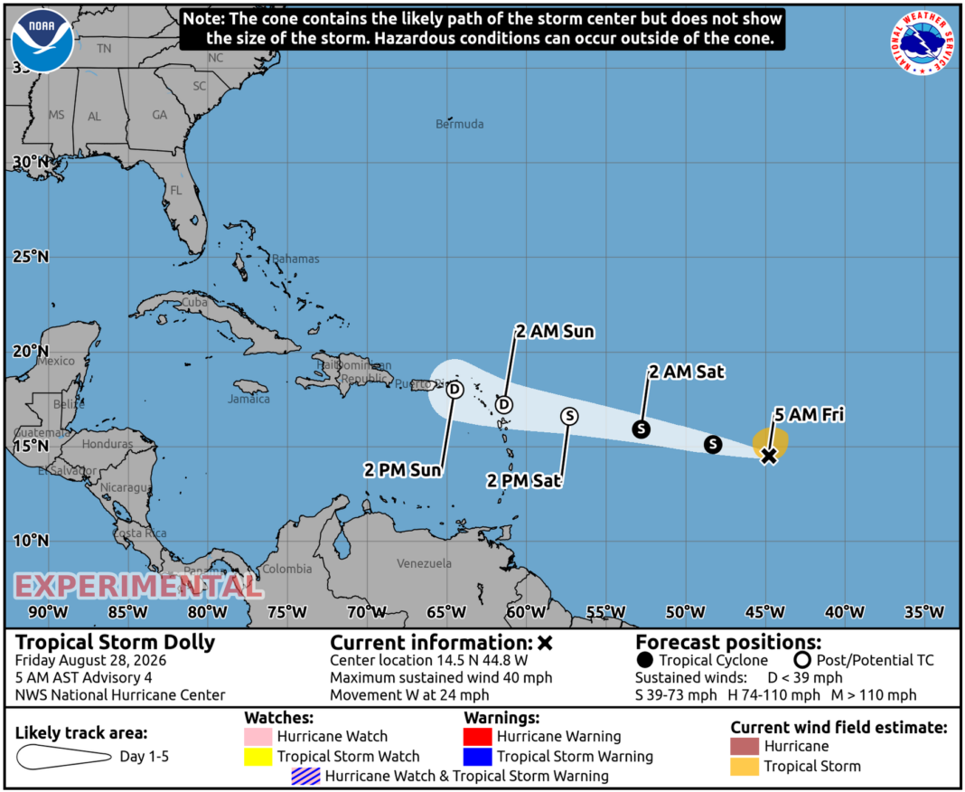 En su boletínn del clfima de esta mañana el Indomet advierte que por la ubicación y trayectoria pronosticada de la tormenta Dolly, la población en general debe estar atenta a la evolución y desarrollo de este sistema tropical.