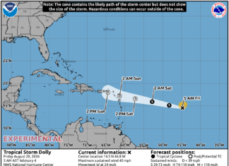 Tormenta tropical Dolly: qué esperar en el Caribe este fin de semana En su boletínn del clfima de esta mañana el Indomet advierte que por la ubicación y trayectoria pronosticada de la tormenta Dolly, la población en general debe estar atenta a la evolución y desarrollo de este sistema tropical.