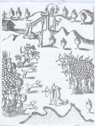 Aparici&oacute;n de la Virgen en una cruz, intento de los indios por derribarla y batalla entre espa&ntilde;oles e indios